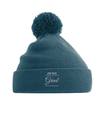 On The Grind - (white embroidery) - pom pom beanie hat